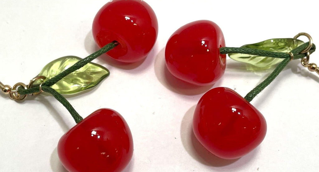 Cherry Dangle Earrings, Red Fruit Drop Earrings with Green Leaf Detail