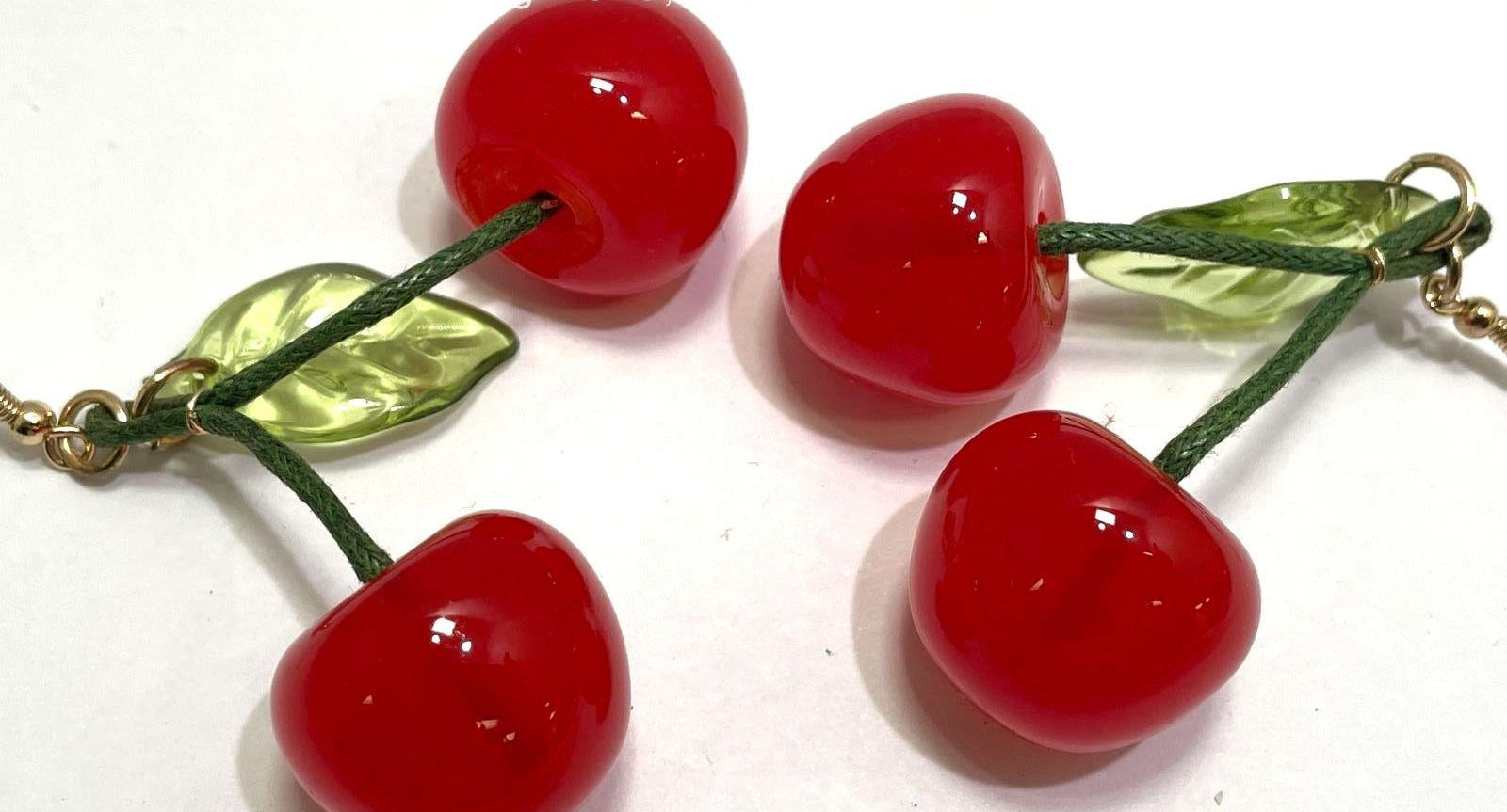 Cherry Dangle Earrings, Red Fruit Drop Earrings with Green Leaf Detail