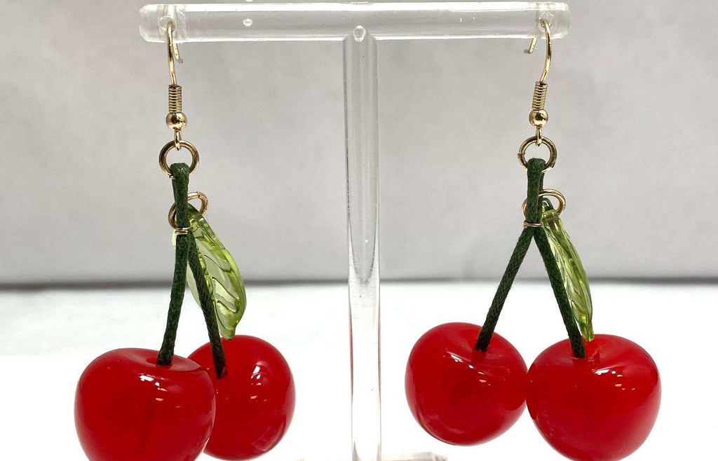 Cherry Dangle Earrings, Red Fruit Drop Earrings with Green Leaf Detail