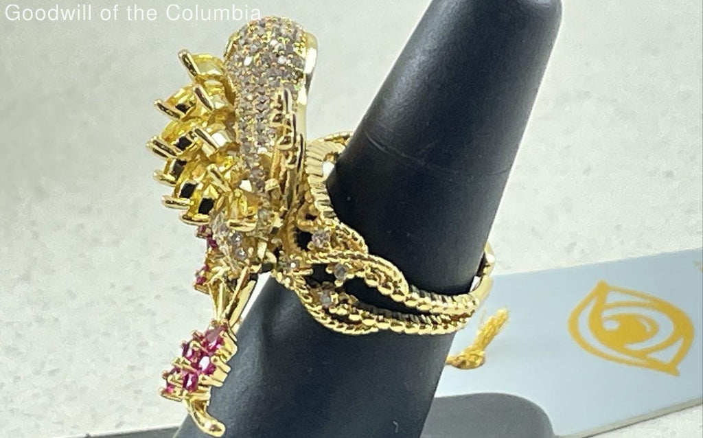 Eye Candy Los Angeles Rhinestone Bird & Flower Adjustable Ring, Gold Tone Statement Jewelry