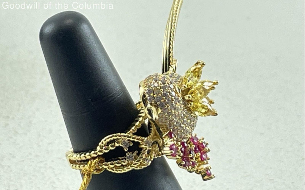 Eye Candy Los Angeles Rhinestone Bird & Flower Adjustable Ring, Gold Tone Statement Jewelry