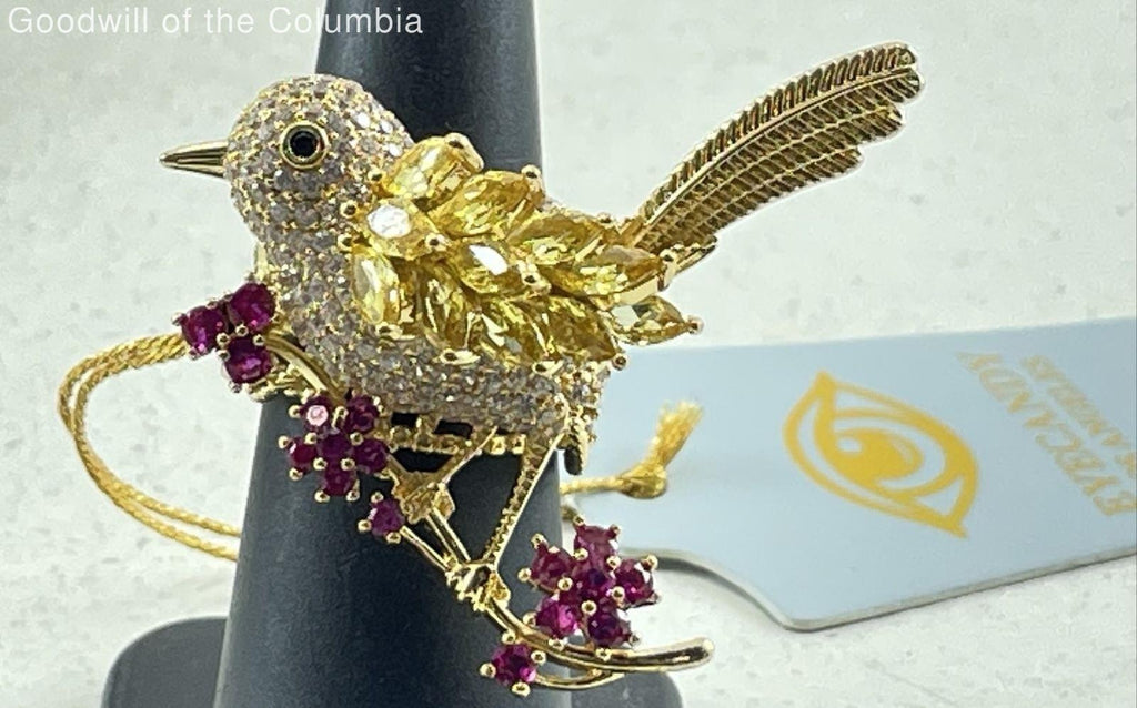 Eye Candy Los Angeles Rhinestone Bird & Flower Adjustable Ring, Gold Tone Statement Jewelry