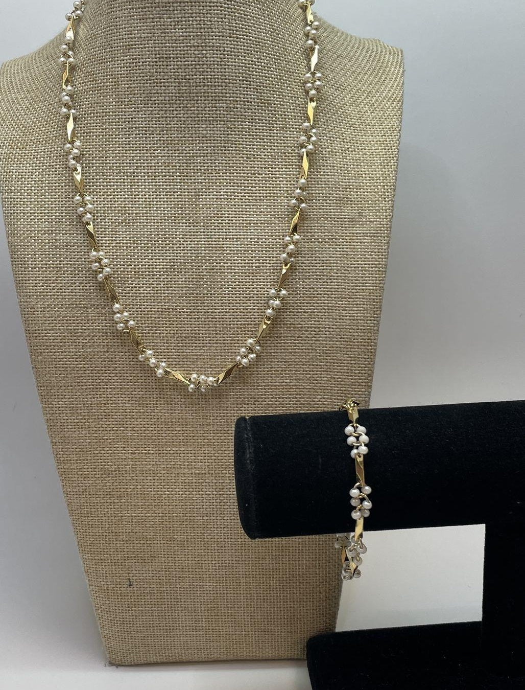 Gold-tone faux pearl station necklace and matching bracelet set, view 2
