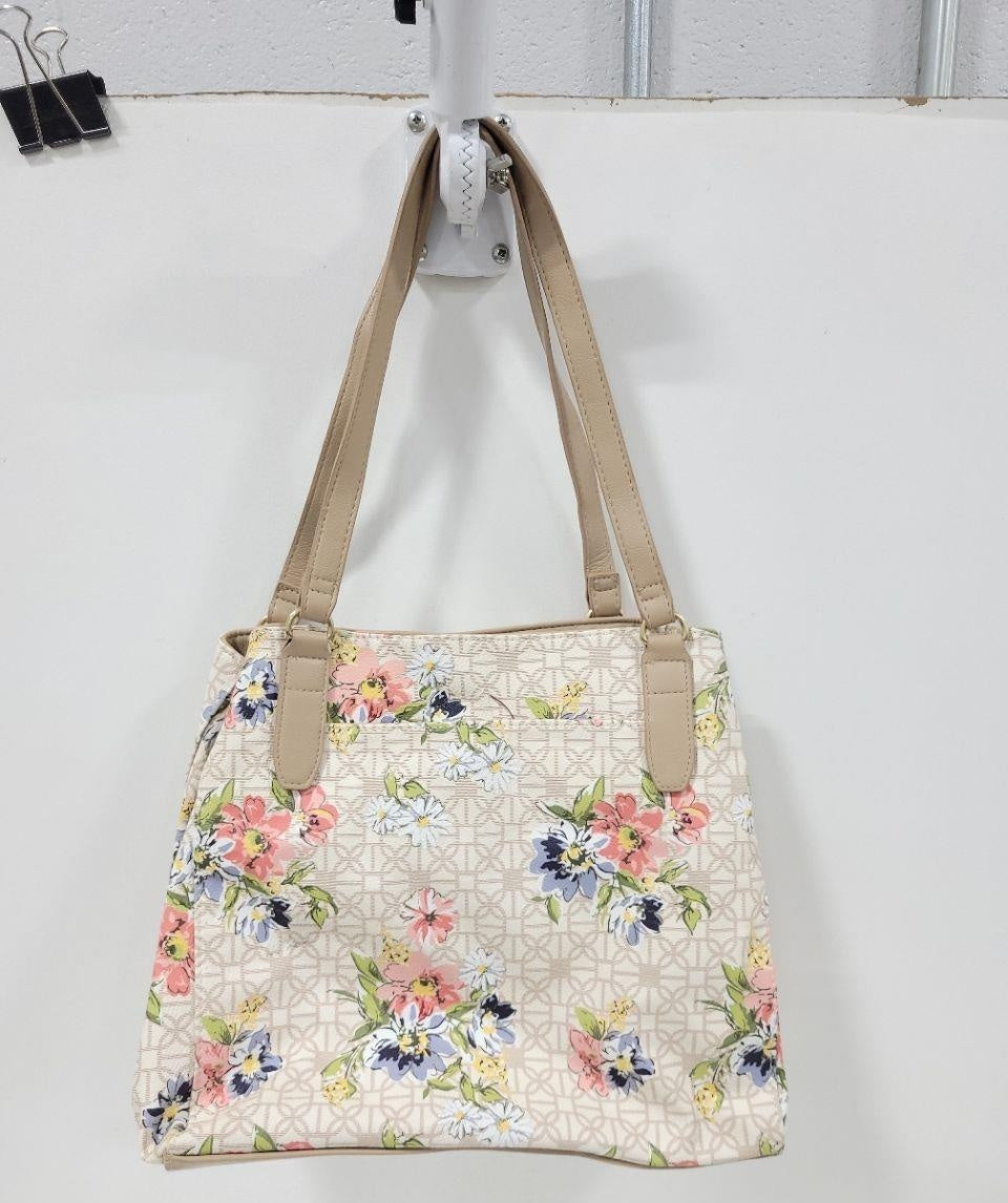 Ivory Floral Shopper Tote Bag with Tan Straps, Spring Garden Shoulder Purse