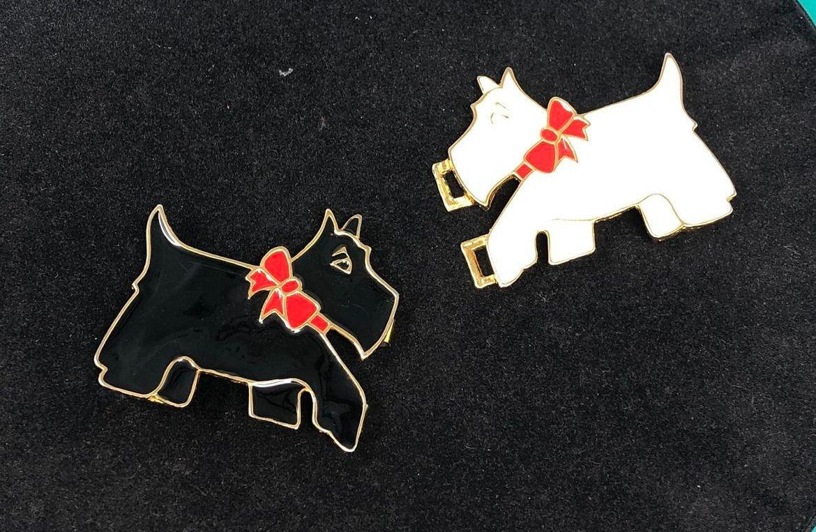 Two-part gold-tone belt buckle with black and white enamel Scottie dogs and red bows, view 2