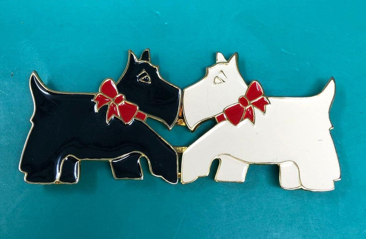Two-part gold-tone belt buckle with black and white enamel Scottie dogs and red bows, view 3