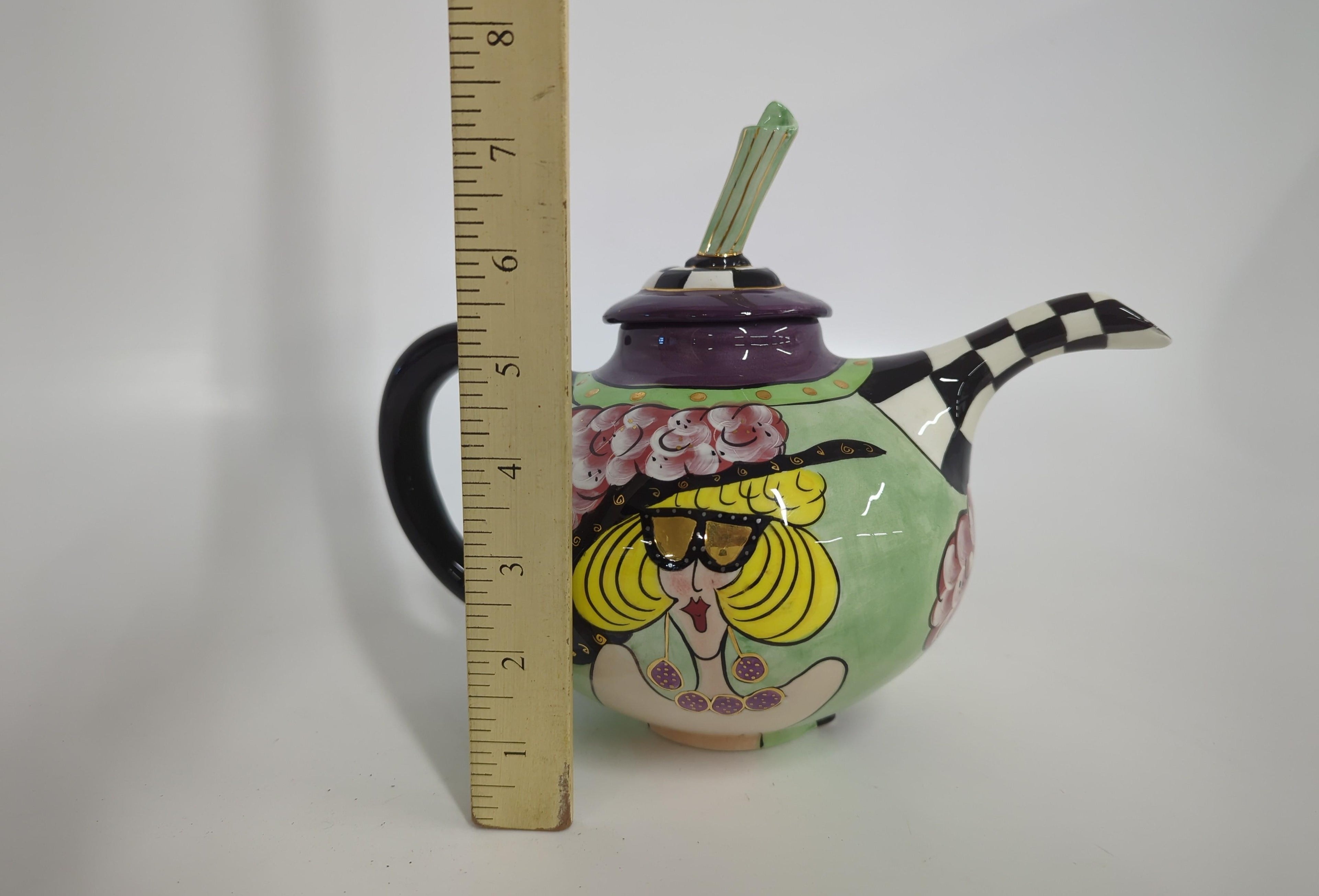 Whimsical Hand-Painted Ceramic Teapot with Floral Lady Design, Colorful Art Pottery Teapot