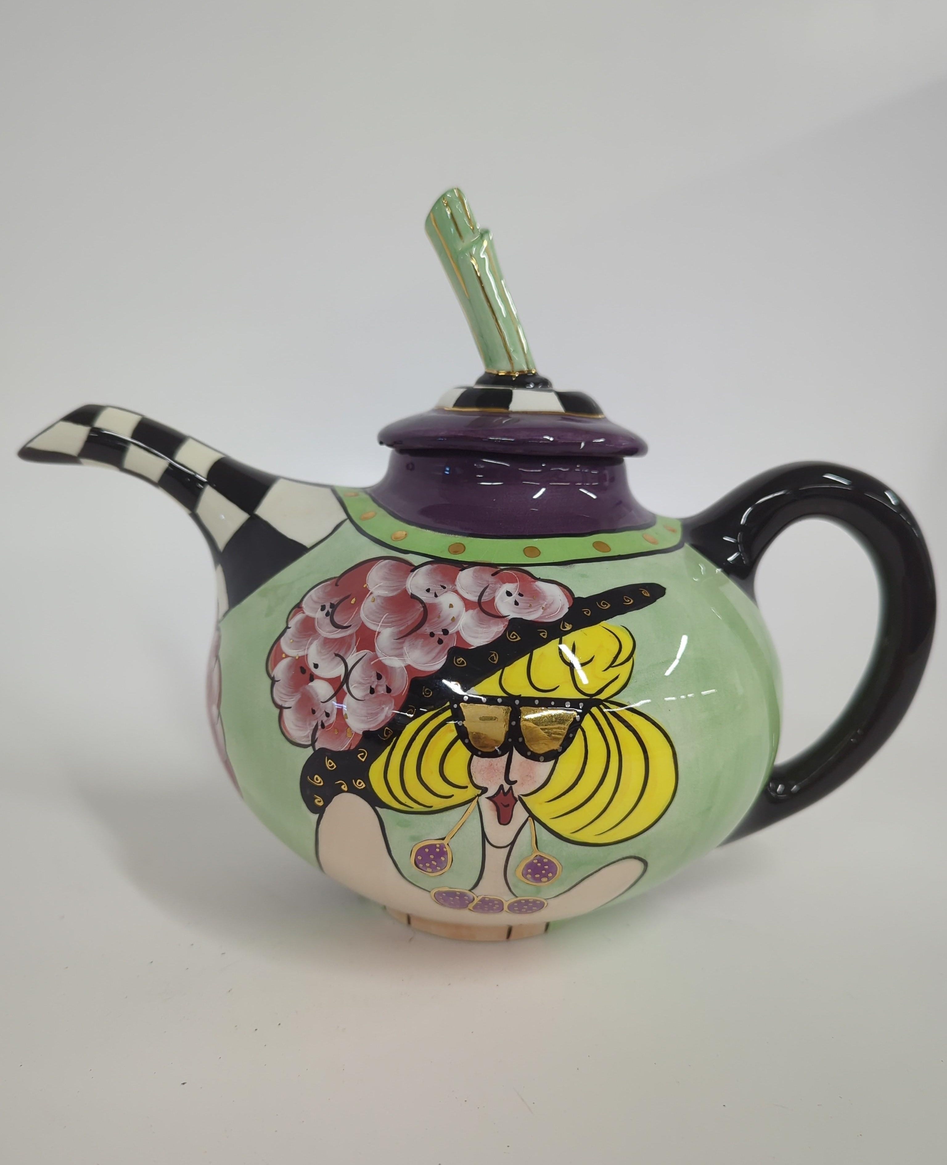 Whimsical Hand-Painted Ceramic Teapot with Floral Lady Design, Colorful Art Pottery Teapot