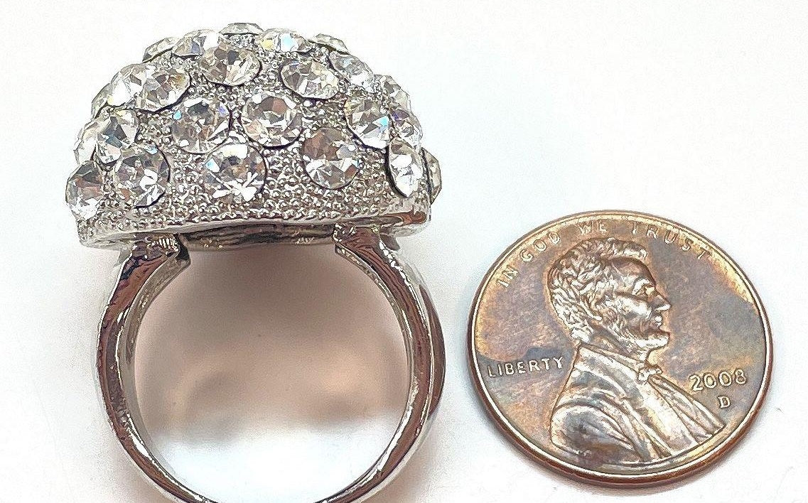 Silver-tone domed cocktail ring with clear pavé rhinestones, view 4