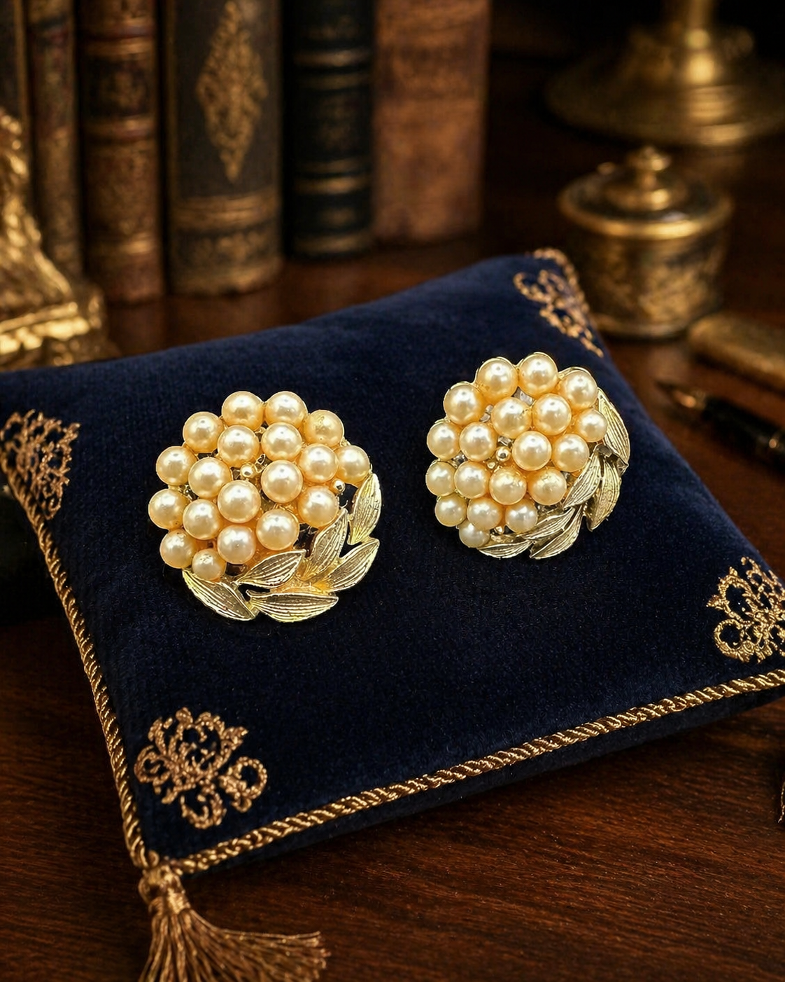 Signed Lisner gold-tone cluster clip earrings with cream faux pearls and leaf details