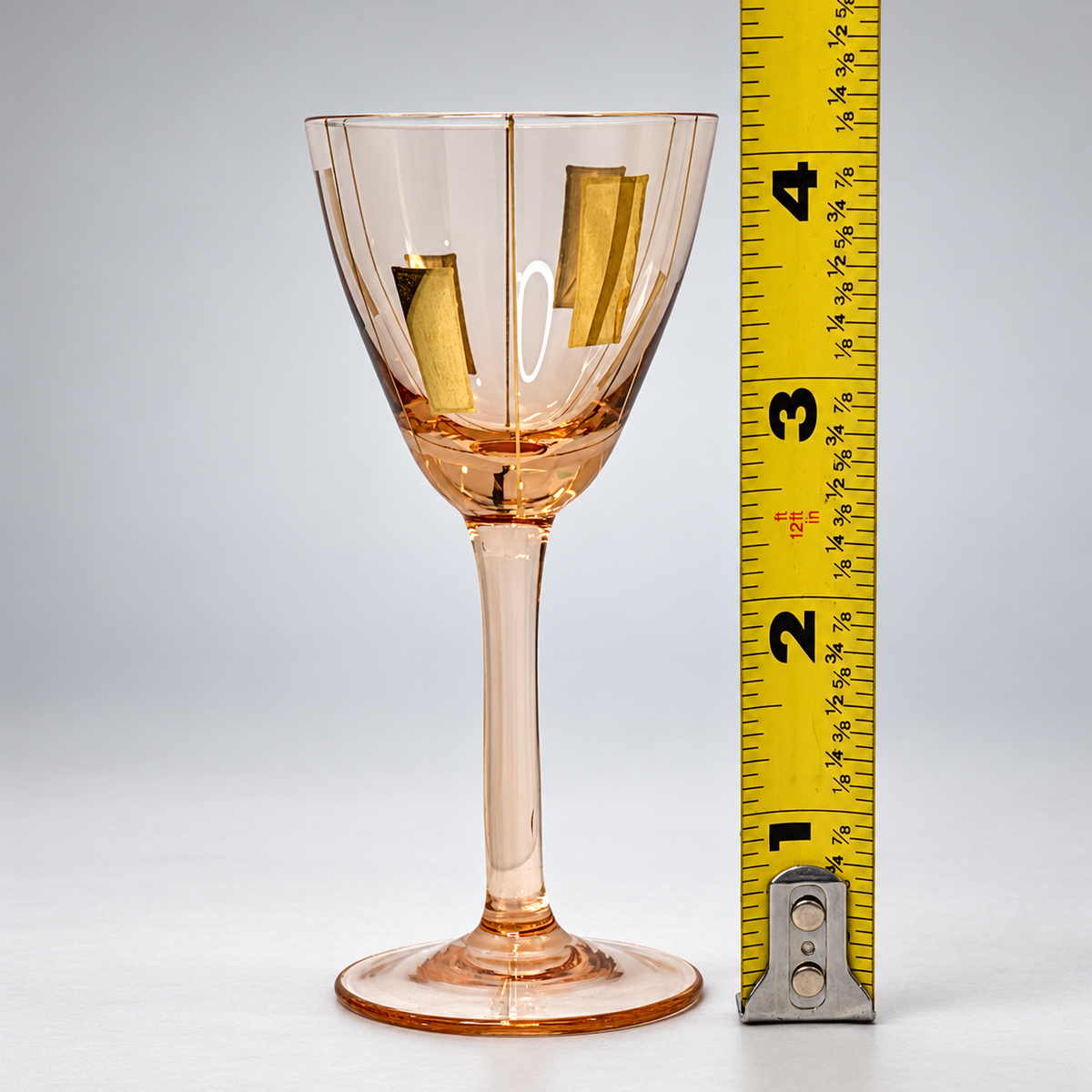 Rose-gold glass handled decanter and six cordial glasses with geometric gold-tone rectangles, view 4