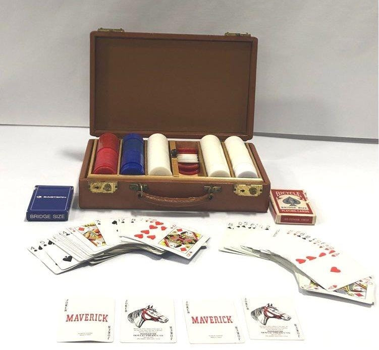 Brown leather-look poker case open to chips, playing cards and dice, view 2