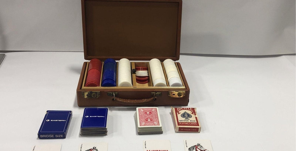 Brown leather-look poker case open to chips, playing cards and dice, view 3
