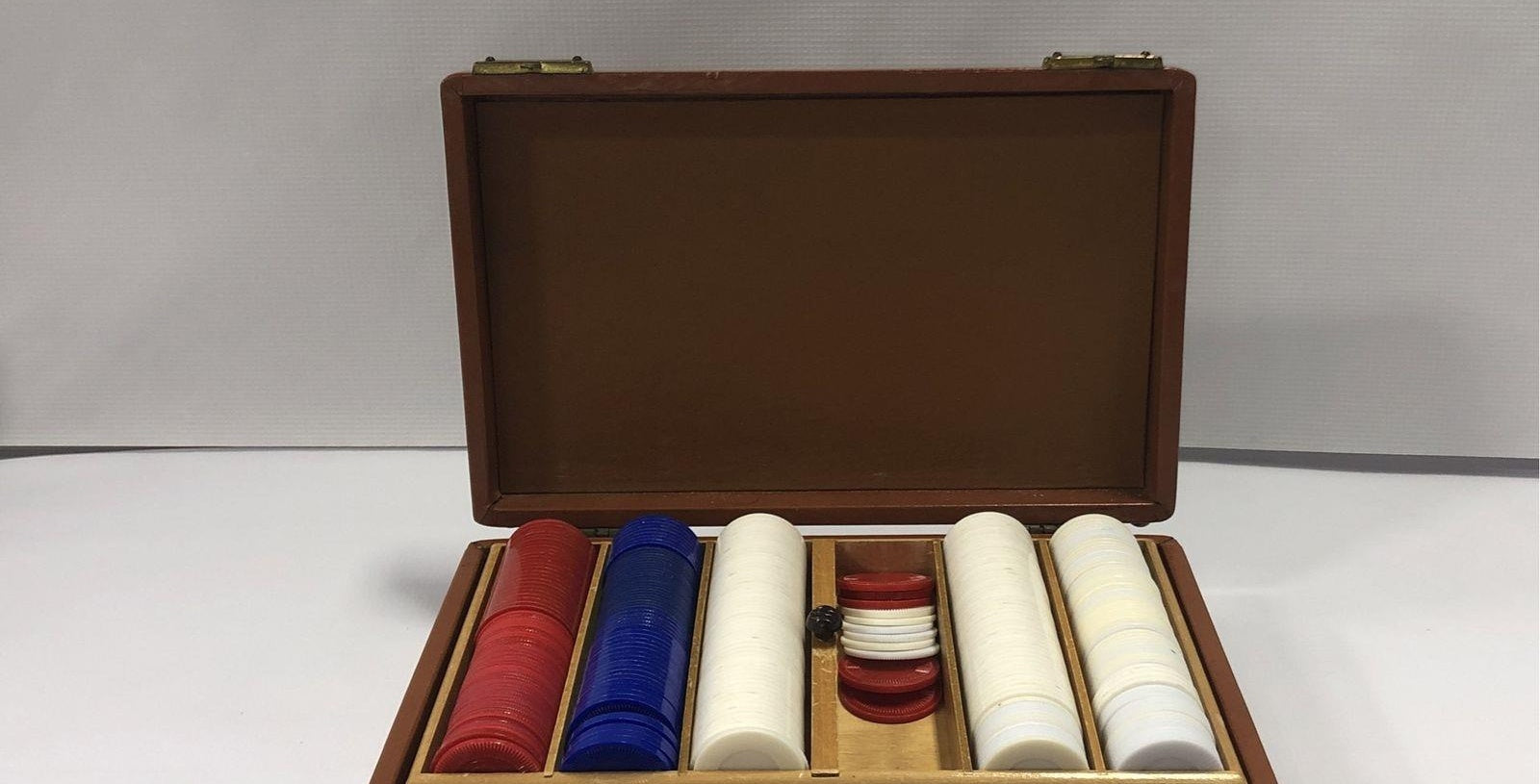 Brown Leather Poker Case with Chips and Playing Cards