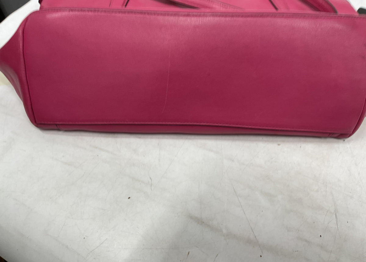 Coach fuchsia pink leather tote with gold-tone hardware and logo plaque, view 5
