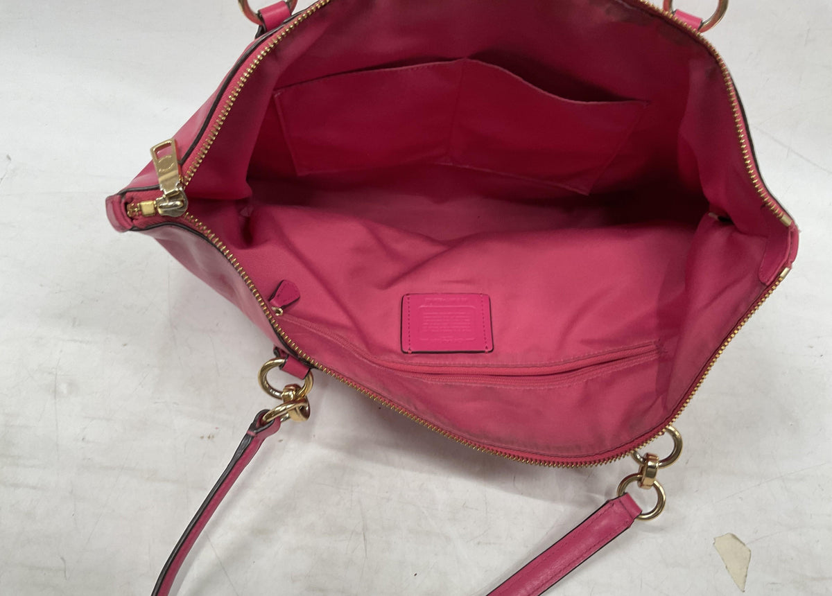 Coach fuchsia pink leather tote with gold-tone hardware and logo plaque, view 6
