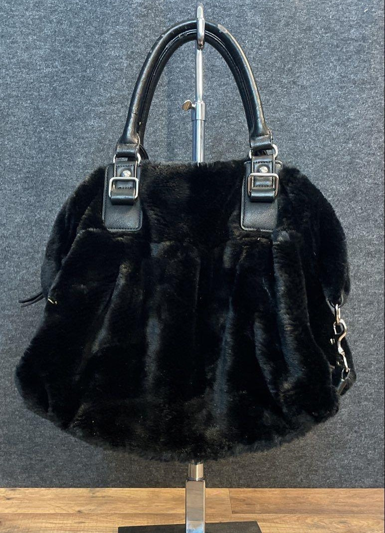 Donna Salyers Fabulous-Furs Black Faux Fur Satchel Handbag with Silver Hardware | Luxe Evening Tote