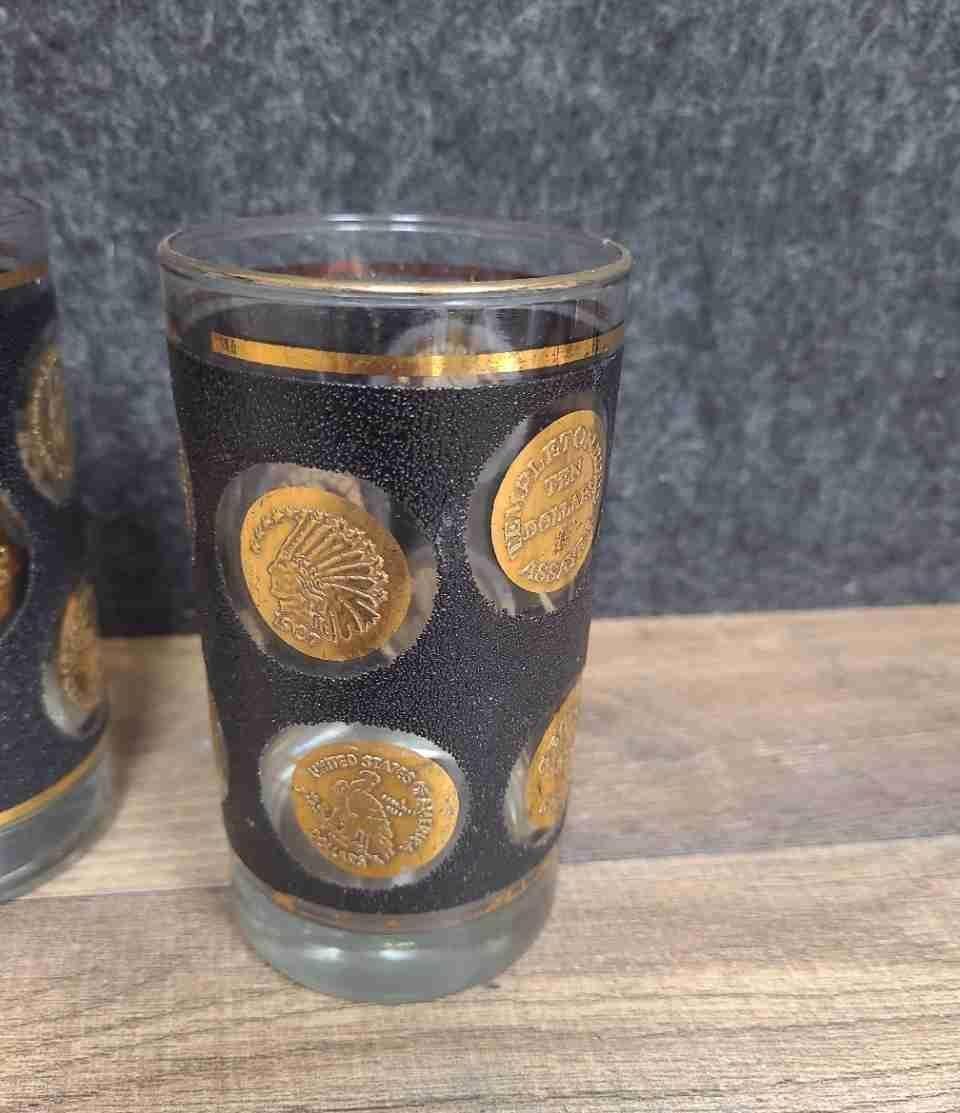 Vintage Mid-Century Black & Gold Coin Tumbler Set, 4 Piece Medallion Barware Glasses