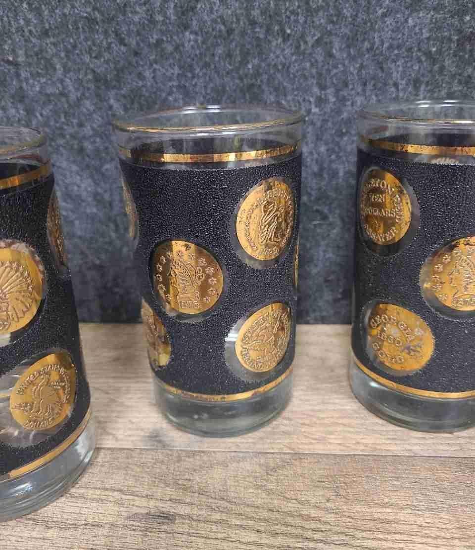 Vintage Mid-Century Black & Gold Coin Tumbler Set, 4 Piece Medallion Barware Glasses