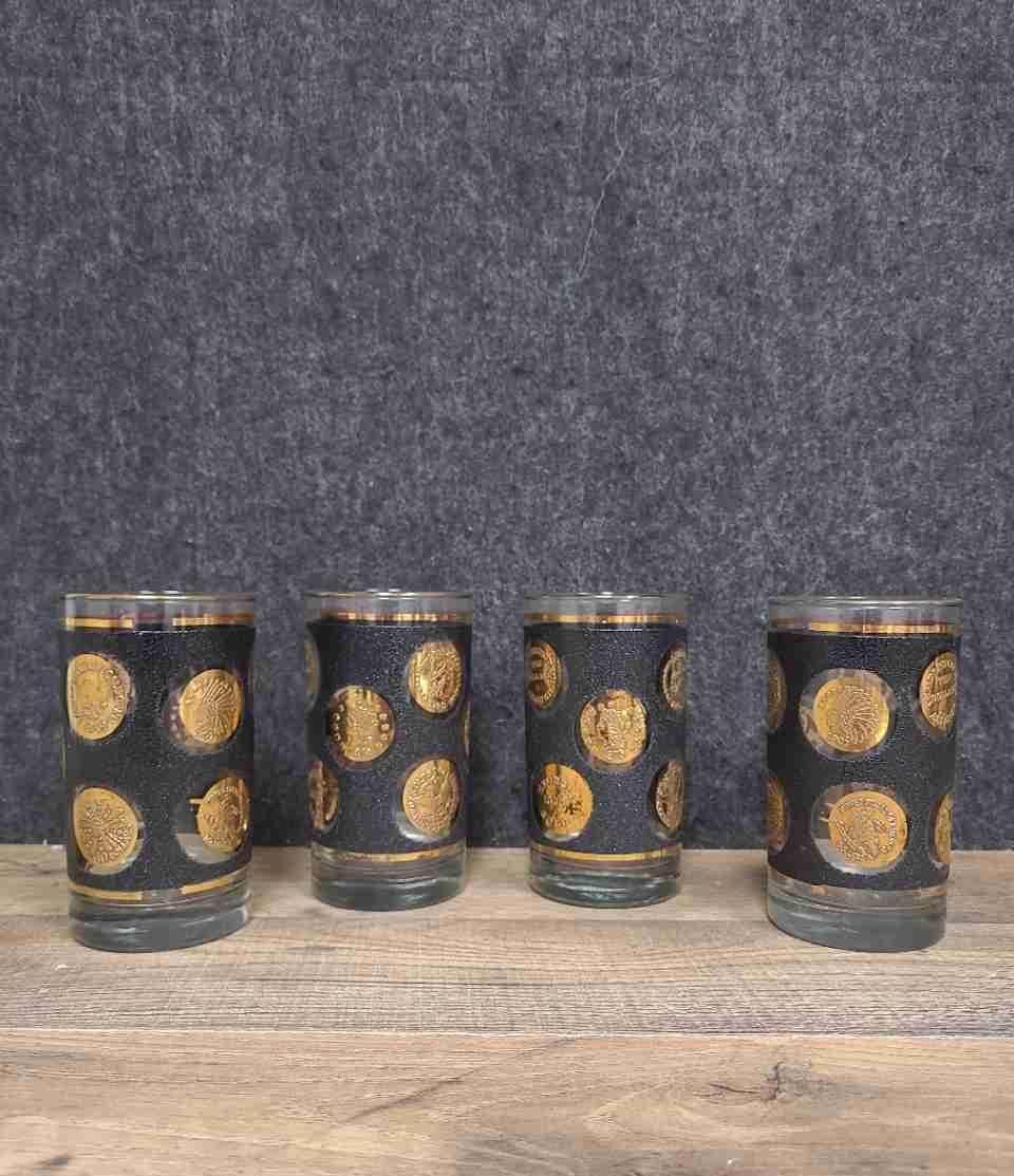 Vintage Mid-Century Black & Gold Coin Tumbler Set, 4 Piece Medallion Barware Glasses