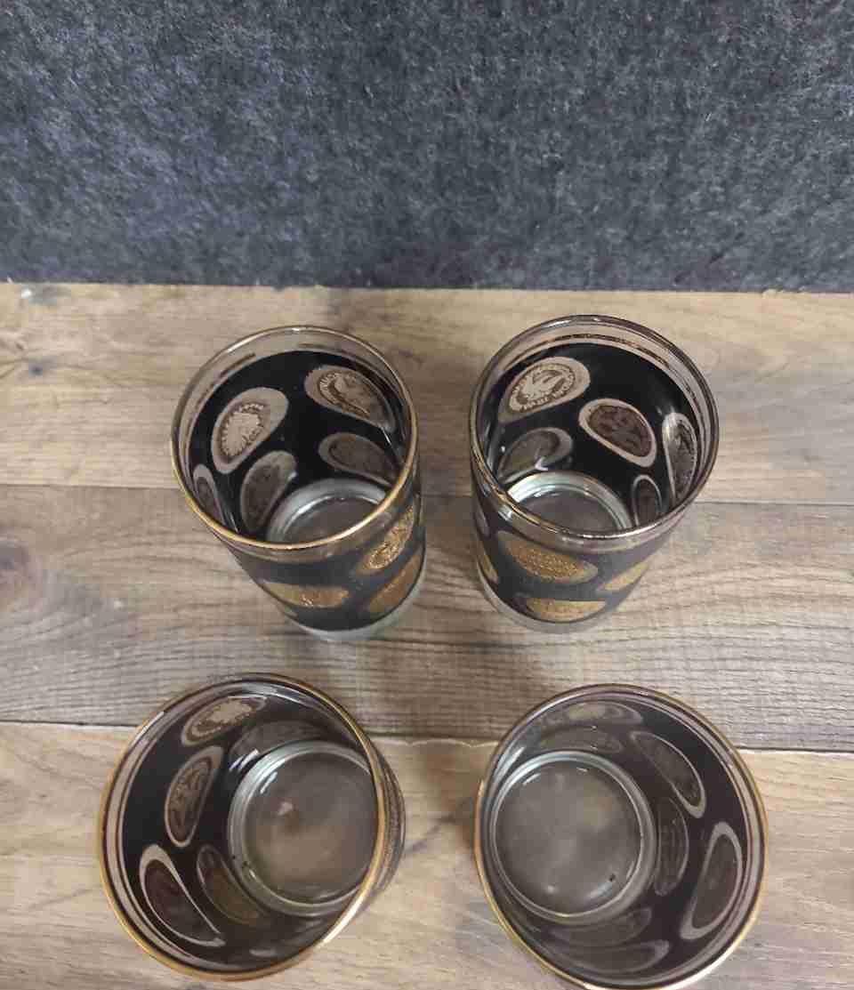 Vintage Mid-Century Black & Gold Coin Tumbler Set, 4 Piece Medallion Barware Glasses