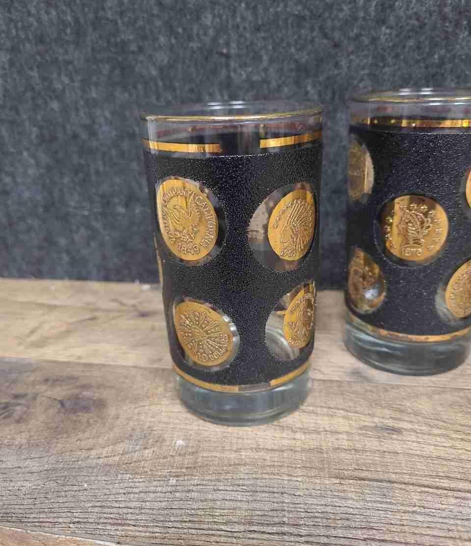 Vintage Mid-Century Black & Gold Coin Tumbler Set, 4 Piece Medallion Barware Glasses