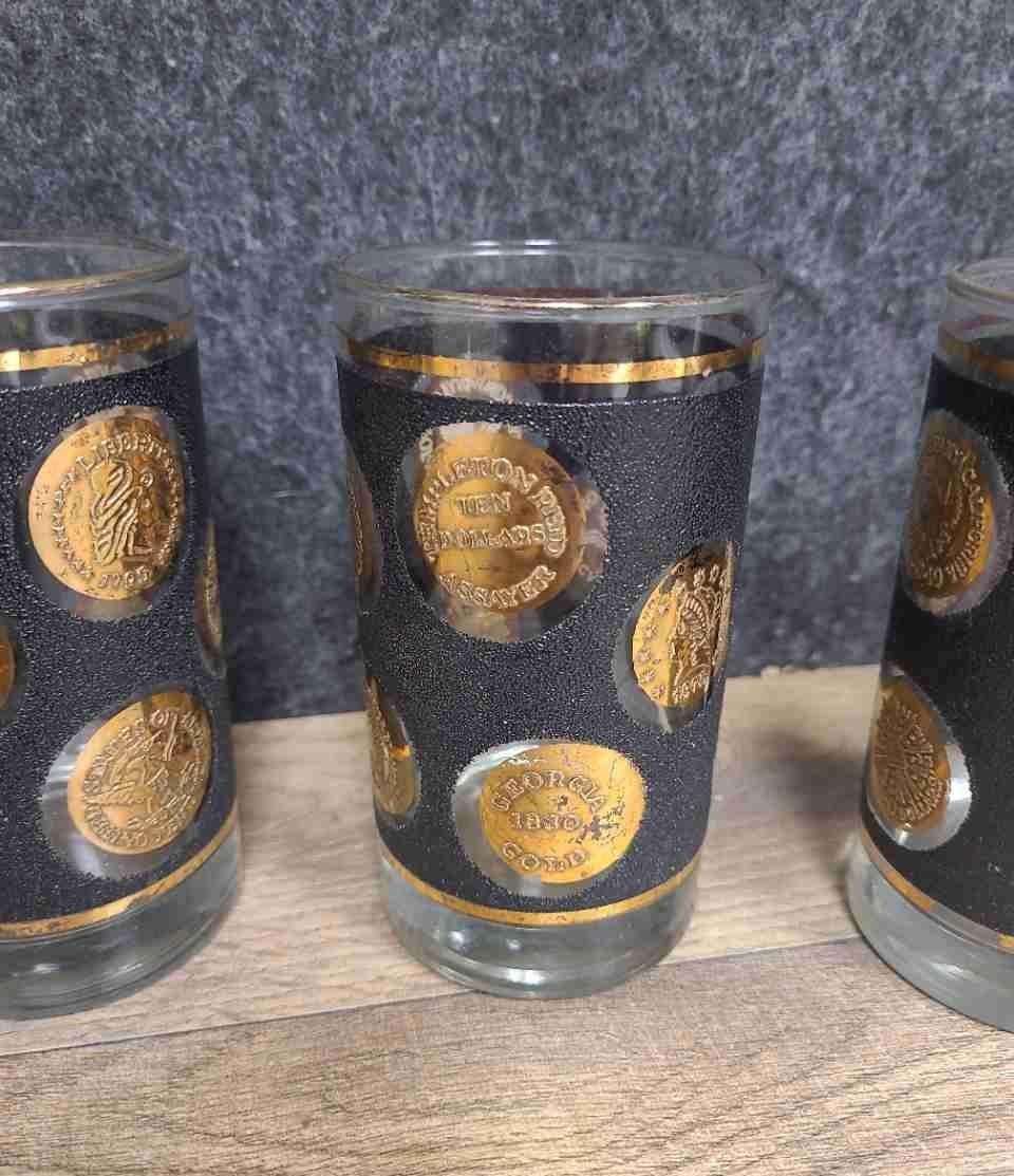 Vintage Mid-Century Black & Gold Coin Tumbler Set, 4 Piece Medallion Barware Glasses