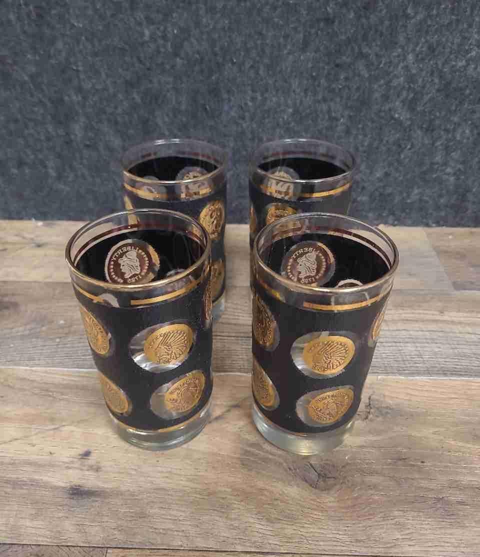 Vintage Mid-Century Black & Gold Coin Tumbler Set, 4 Piece Medallion Barware Glasses