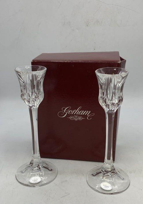 1990s Gorham Crystal Althea Candlestick Pair in Original Box