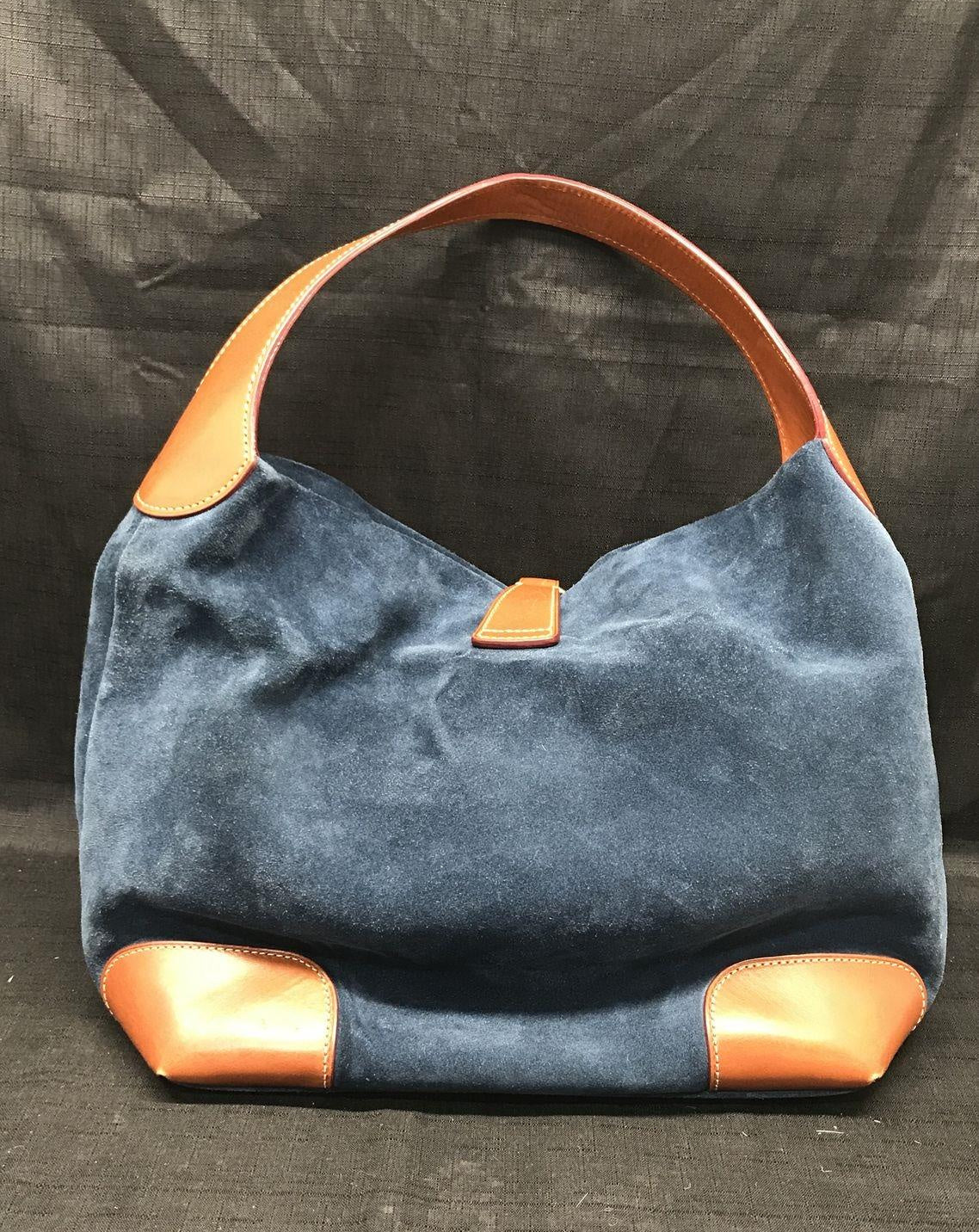 Dooney and Bourke navy blue suede shoulder purse with cognac brown leather trim and duck logo charm, view 3