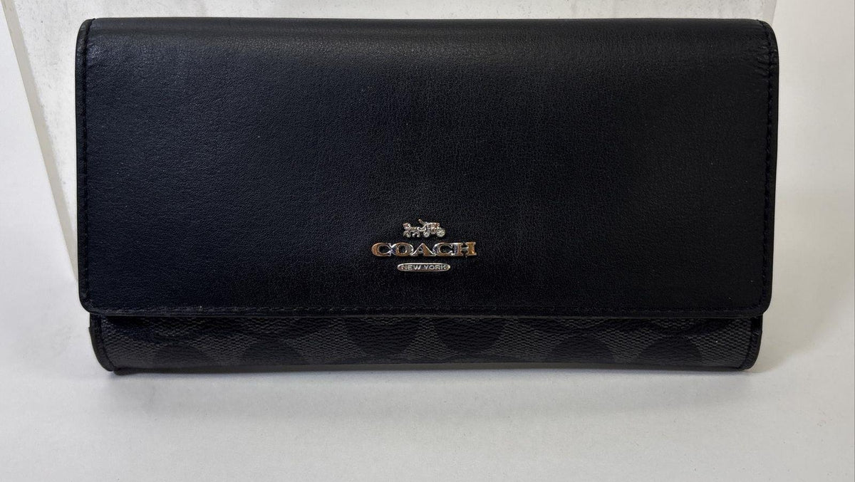 Coach Black Leather Signature Canvas Slim Snap Wallet