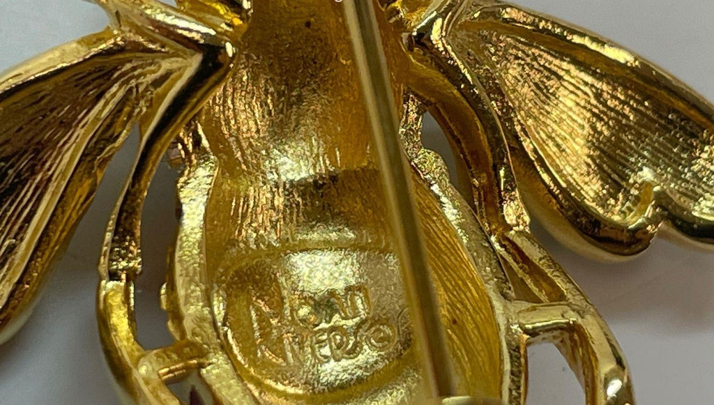 Joan Rivers Patriotic Bee Brooch Pin Gold Tone Red White & Blue Enamel Rhinestone Insect 8.5g