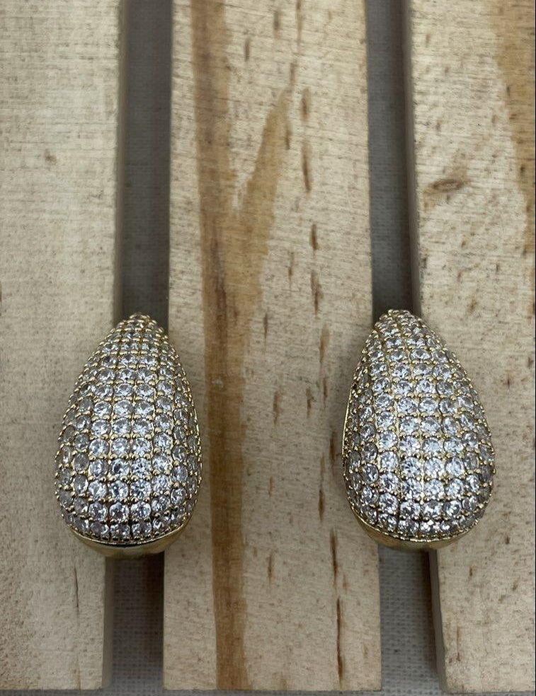 Teardrop drop earrings covered in clear rhinestones with openwork backs, view 2