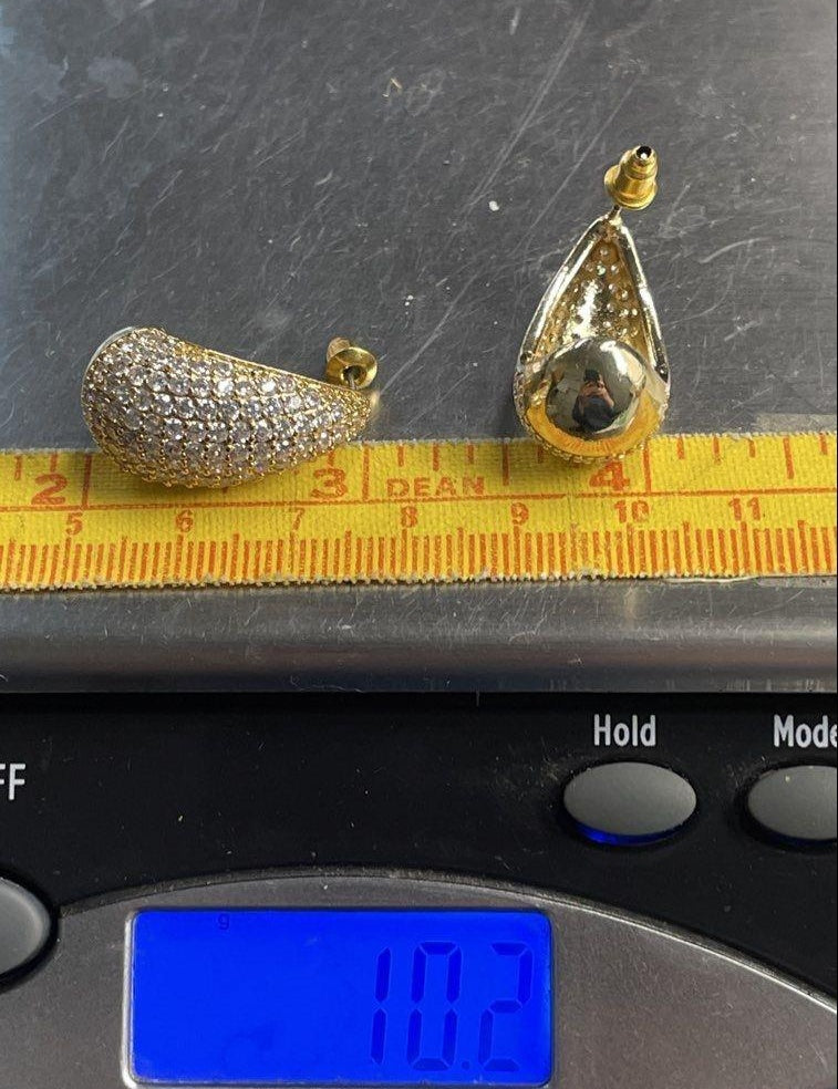 Teardrop drop earrings covered in clear rhinestones with openwork backs, view 4
