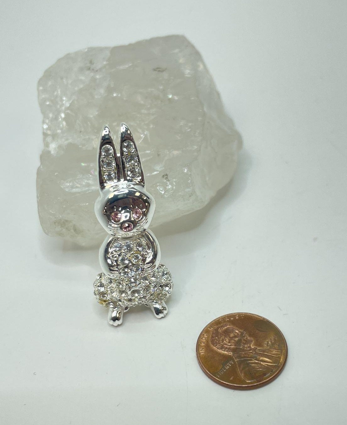 Signed Monet silver-tone bunny rabbit brooch with pink and clear rhinestones, view 3