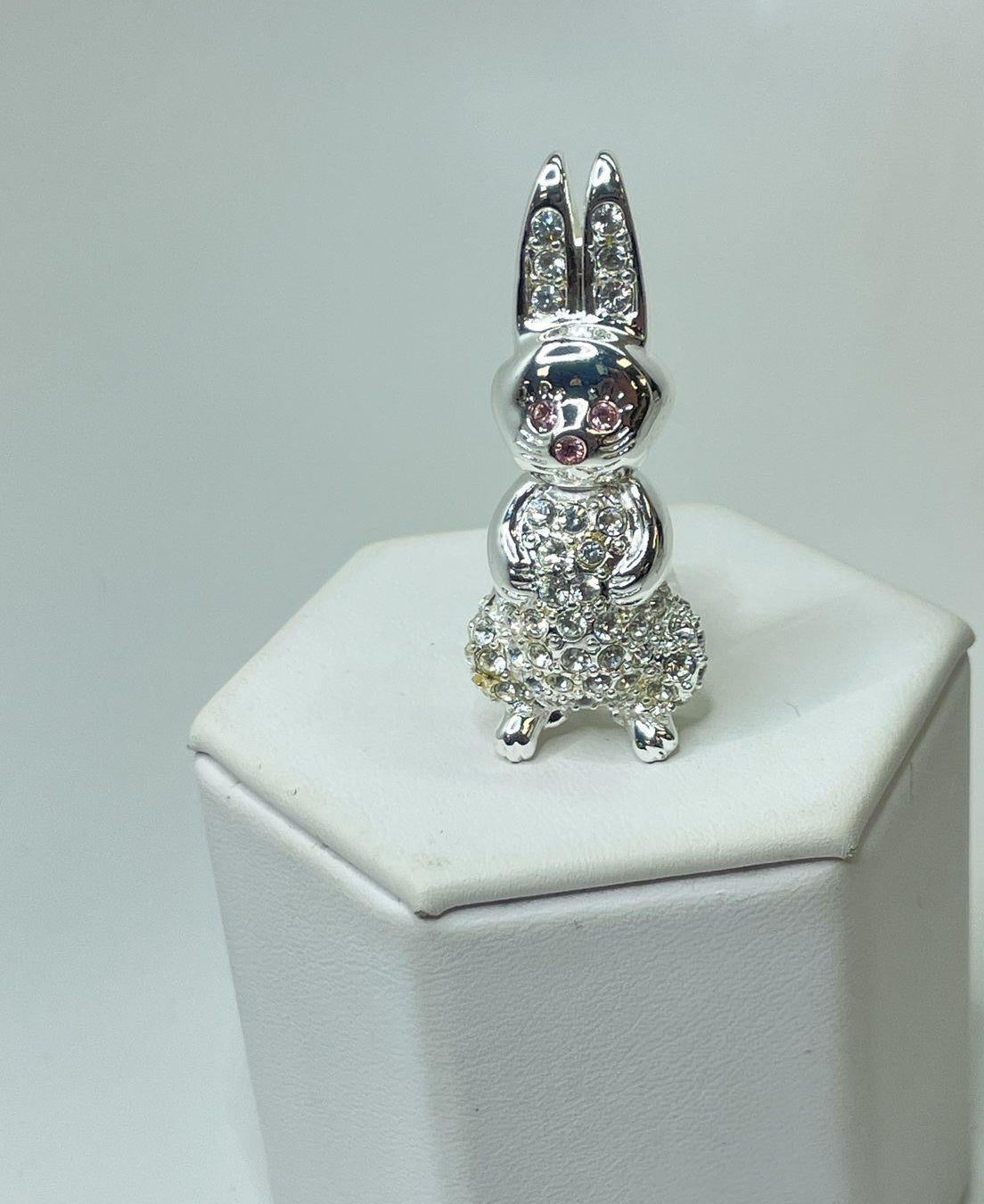 Signed Monet silver-tone bunny rabbit brooch with pink and clear rhinestones, view 4