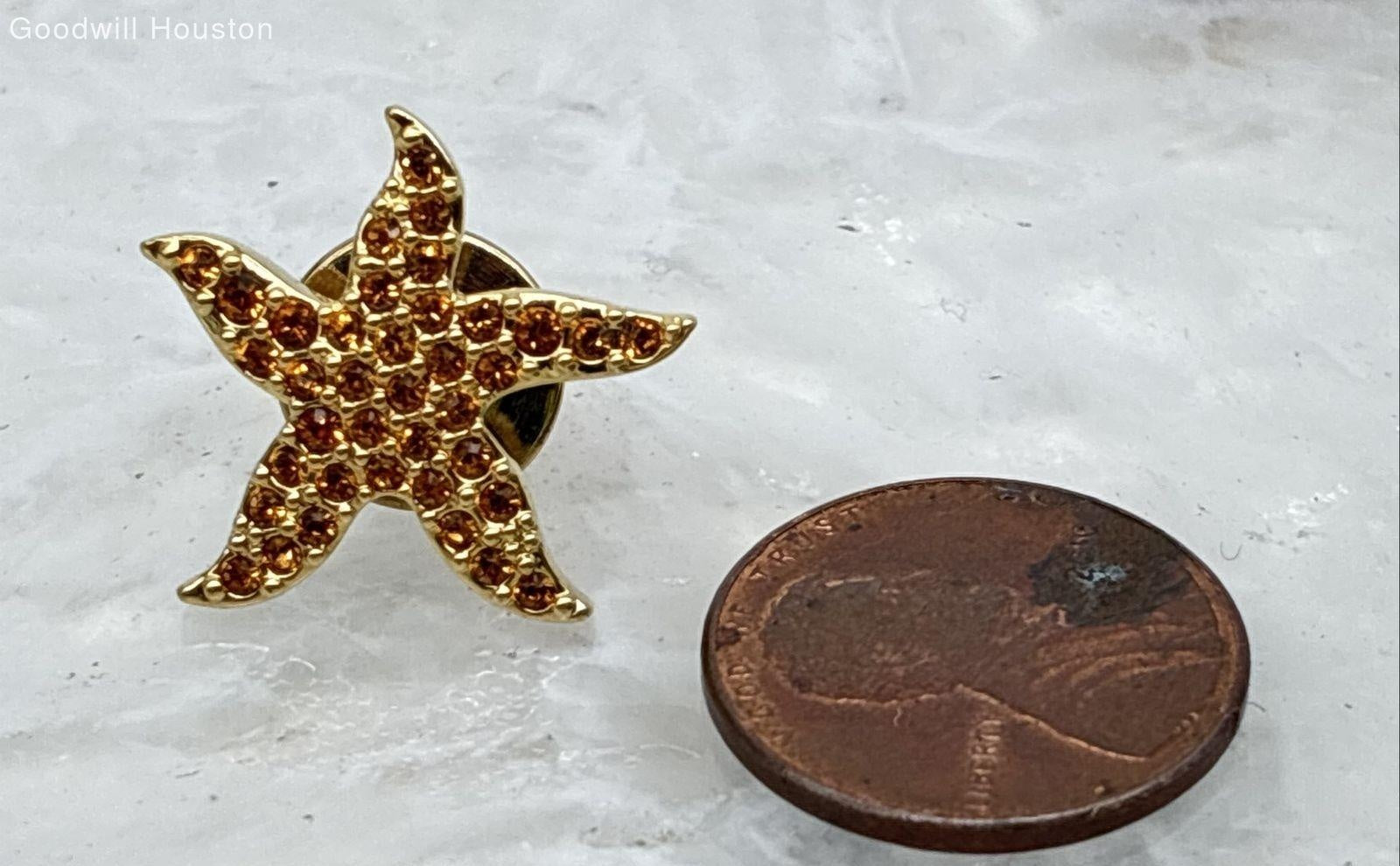 Swarovski Gold Tone Orange Crystal Starfish Brooch Pin | Coastal Nautical Statement Jewelry