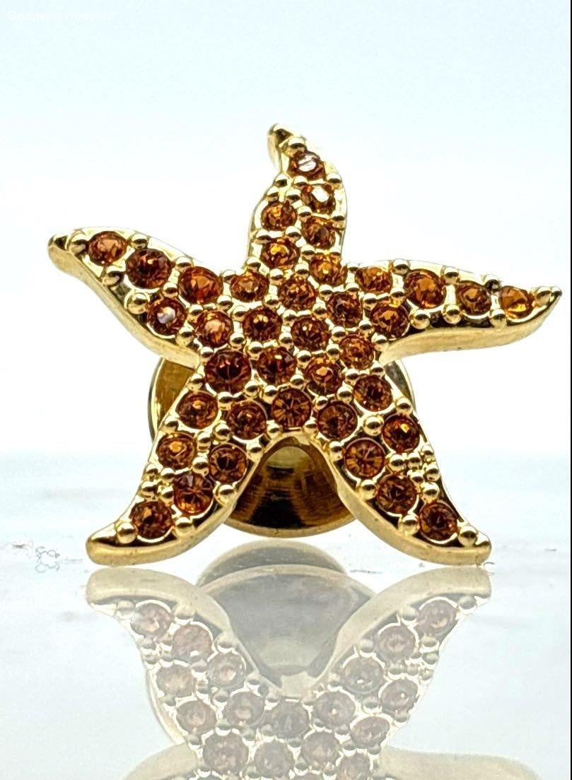 Swarovski Gold Tone Orange Crystal Starfish Brooch Pin | Coastal Nautical Statement Jewelry