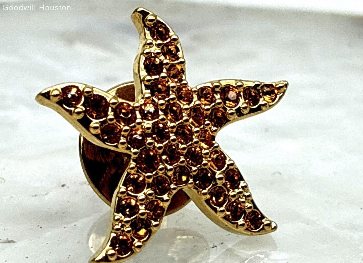 Swarovski Gold Tone Orange Crystal Starfish Brooch Pin | Coastal Nautical Statement Jewelry