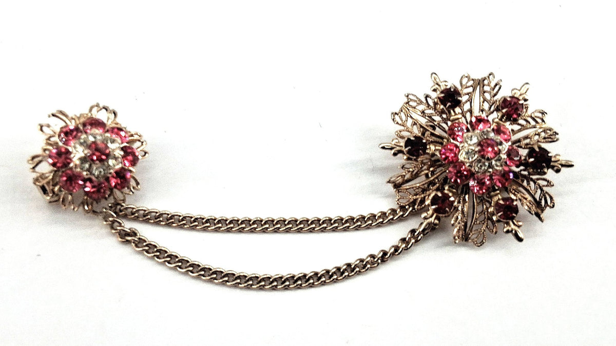 1950s–1960s Unsigned Rhinestone Gold Tone Sweater Clip Brooch