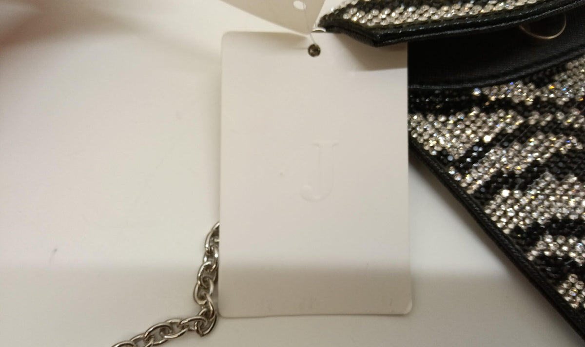 Black and silver zebra pattern rhinestone evening clutch with silver-tone chain strap, view 5