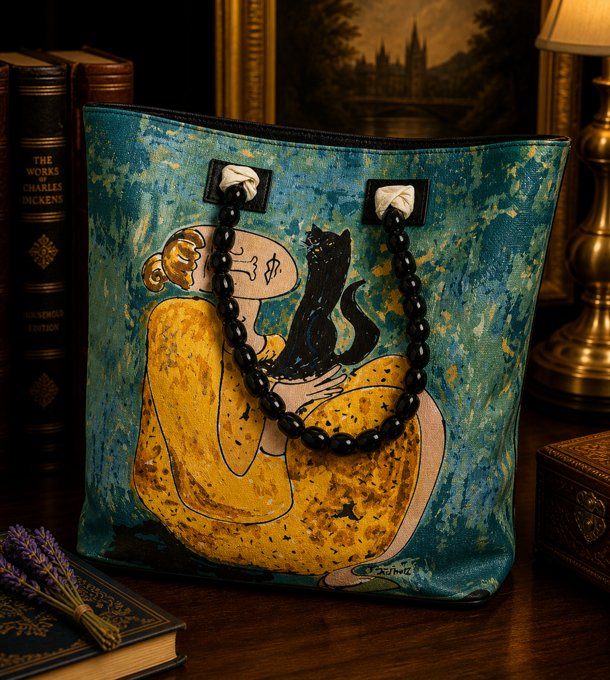 Polly Can art tote with painted woman and black cat on blue background