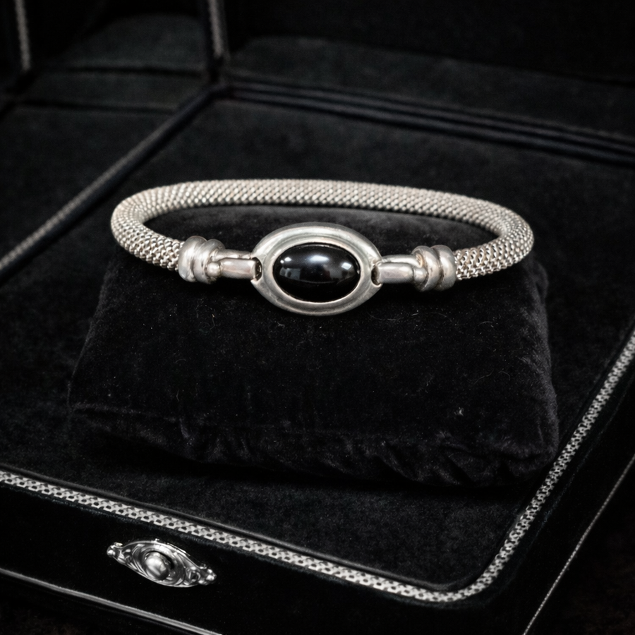 ESPO SIG 925 Sterling Silver Mesh Hook Bangle Bracelet with Black Onyx Cabochon by Joseph Esposito
