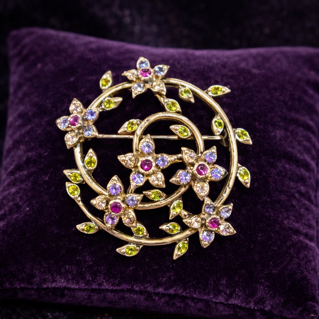 Vintage Monet Gold Tone Rhinestone Flower Vine Brooch, Floral Wreath Design, Signed Designer Estate Jewelry