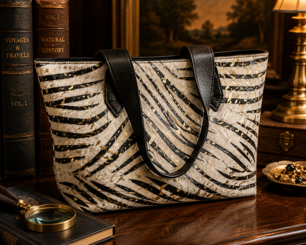 Silver Rose Zebra Print Hair-On-Hide Tote Bag with Black Leather Handles
