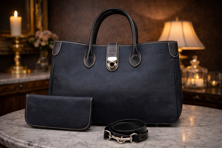 (SOLD) Dooney & Bourke Donegal Crest Monogram Blue Canvas Tote Bag Set | Leather Trim Handbag with Matching Glasses Case