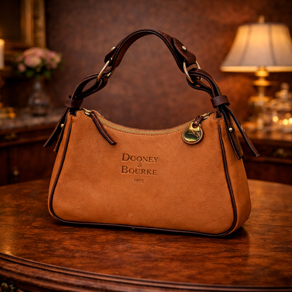 Dooney and Bourke 1975 tan pebbled leather east-west hobo with dark trim and duck charm