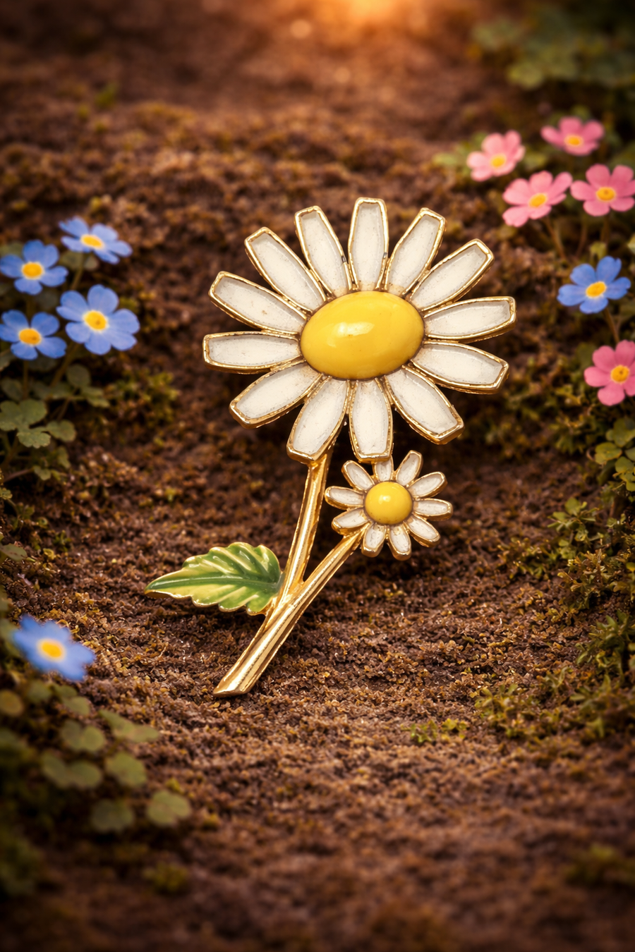 Signed Weiss white enamel daisy brooch with yellow center and smaller daisy on gold-tone stem