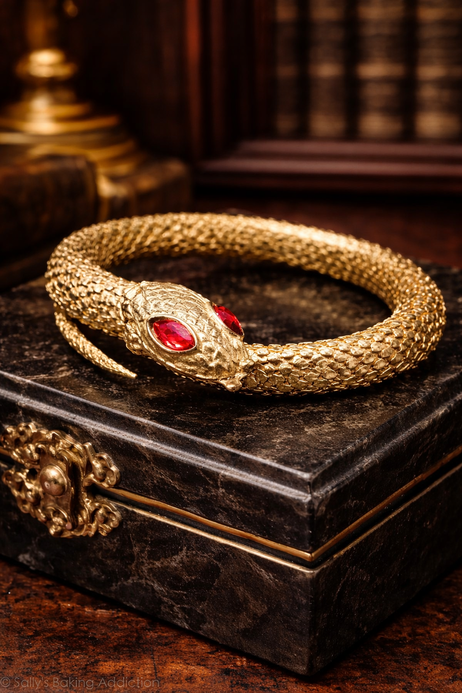 1970s–1980s Gold Tone Snake Bracelet Red Crystal Eye Serpent Wrap Bangle Textured Scale Statement Jewelry