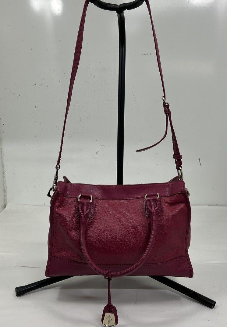 Raspberry leather structured tote with dual top handles and silver-tone plaque, view 2